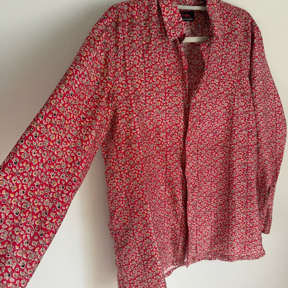 Bhagkem 100% Silk Red Floral Button Down Shirt Women’s Size M - Picture 7 of 11